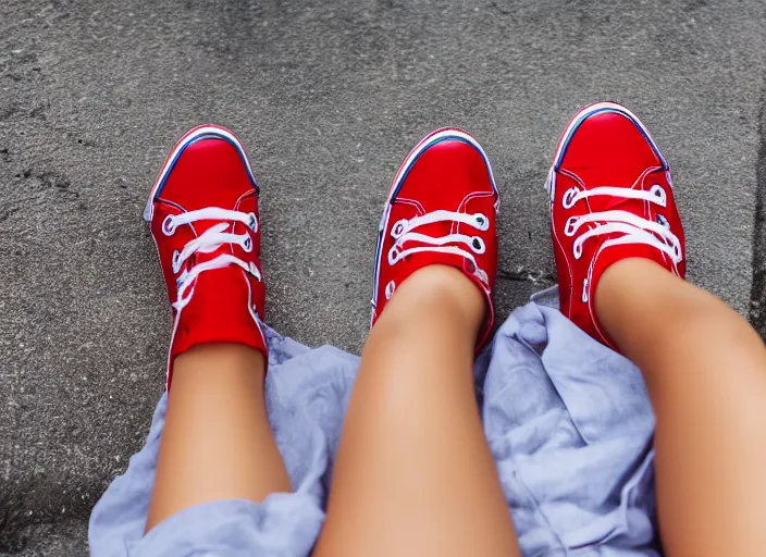 Prompt: legs of a woman sitting on the ground on a curb, knees up, very short pants, wearing red converse shoes, wet aslphalt road after rain, blurry background, sigma 8 5 mm