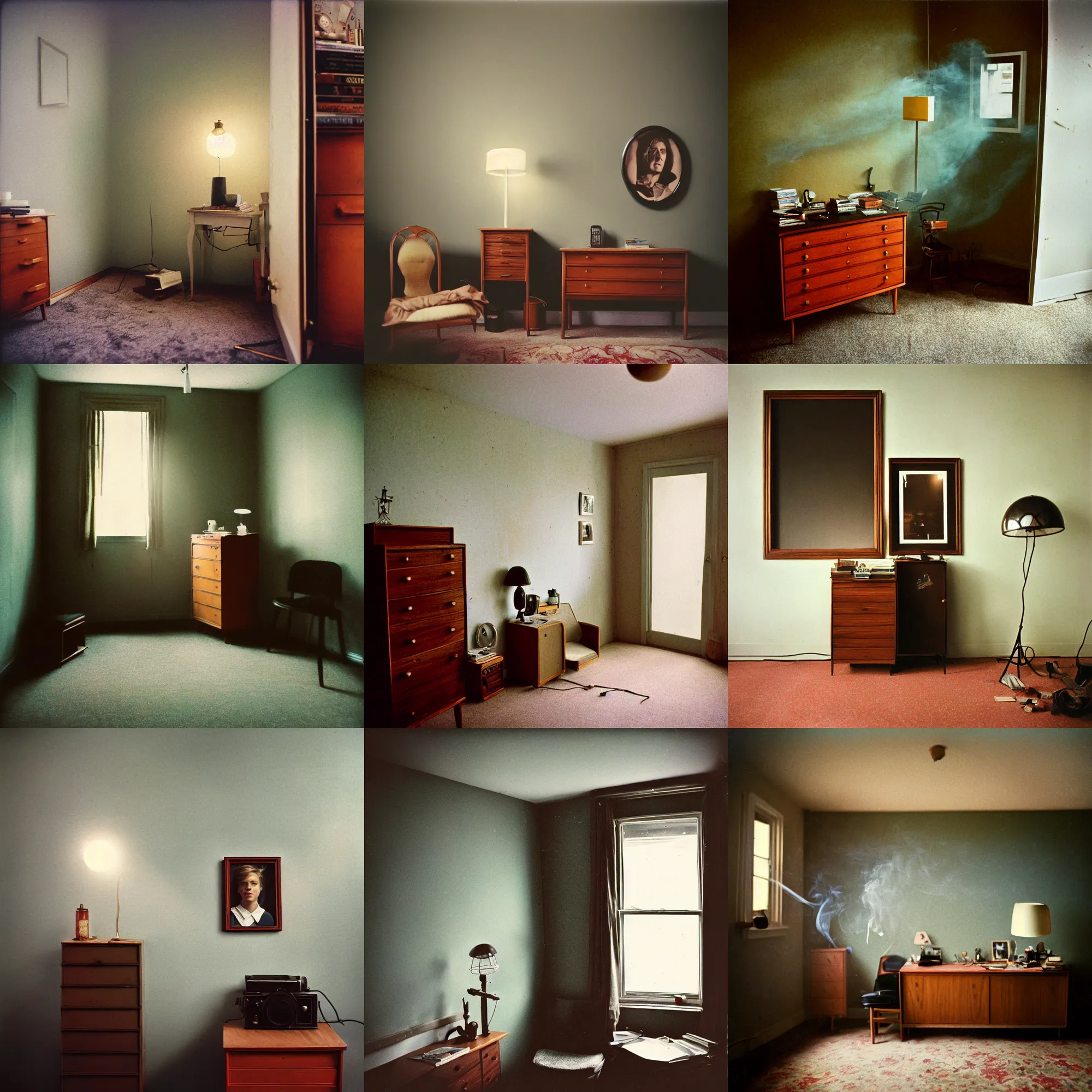 Image similar to kodak portra 4 0 0, wetplate, 8 mm extreme fisheye, award - winning portrait by britt marling of a 1 9 6 0 s room, picture frames, shining lamps, dust, smoke, 1 9 6 0 s furniture, wallpaper, carpet, books, muted colours, wood, fog,