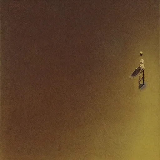 Prompt: a metal ladder descending from the sky, a bird starts to climb up it, by Zdzisław Beksiński