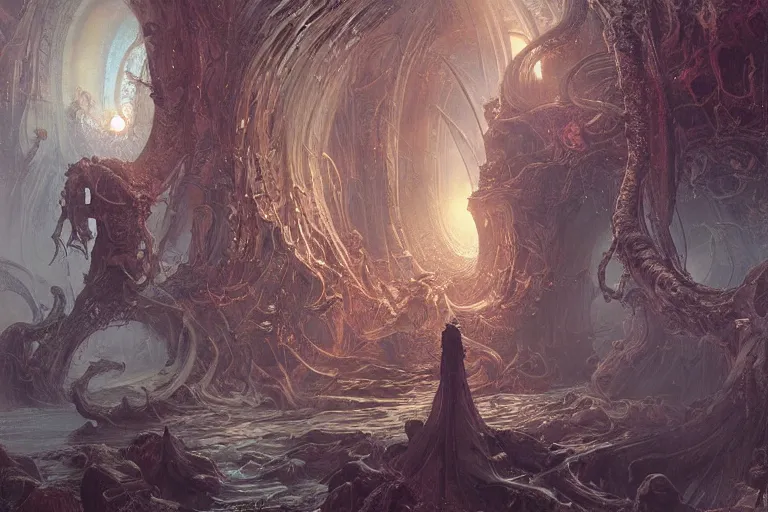 Image similar to a lovecraftian painting of a demonic portal, cosmic horror elements, ultra realistic, concept art, intricate details, eerie, highly detailed, photorealistic, octane render, 8 k, unreal engine. art by artgerm and greg rutkowski and alphonse mucha