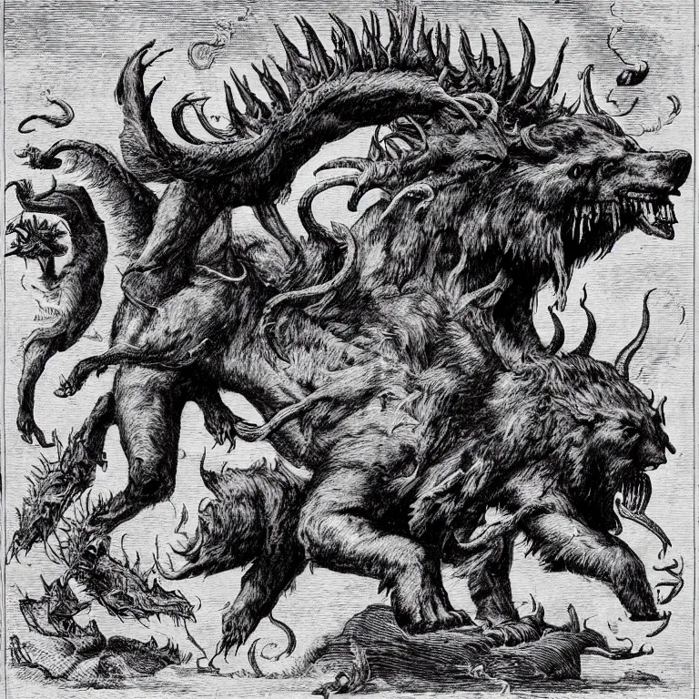 Prompt: a beast rise up out of the sea, having seven heads and ten horns, and upon his horns ten crowns, and his feet were as the feet of a bear, and his mouth as the mouth of a lion.