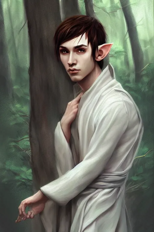Prompt: beautiful, digital art, portrait painting of a male elf wizard, wearing linen cloth. forest background. artstation, by jisu choe