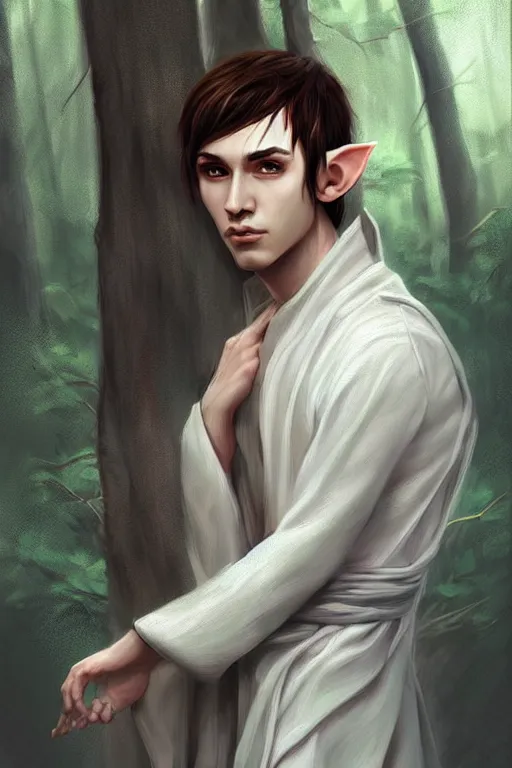 Image similar to beautiful, digital art, portrait painting of a male elf wizard, wearing linen cloth. forest background. artstation, by jisu choe