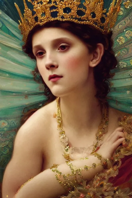 Image similar to a beautiful close - up painting of a crowned princess in a flowing gown resembling millie bobby brown watching the lantern festival in ancient london, at night with a sky full of stars, intricate, elegant, highly detailed, digital painting, artstation, concept art, by krenz cushart and artem demura and william adolph bouguereau and alphonse mucha