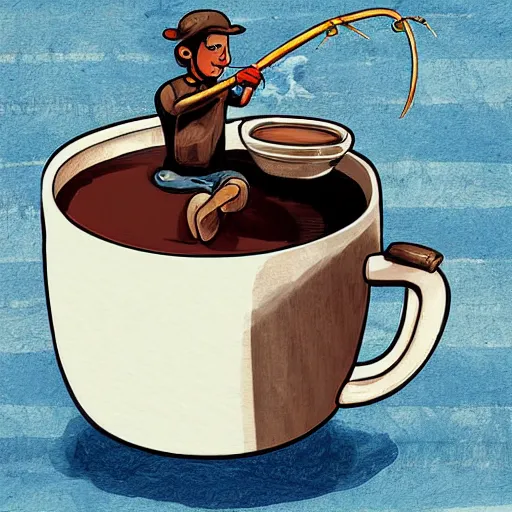 Image similar to a fisherman relaxing in a giant hot chocolate mug,digital art