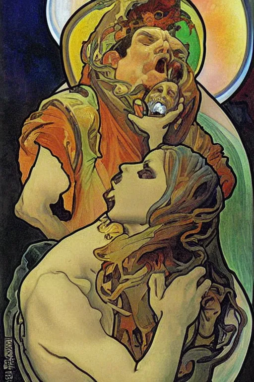 Image similar to saturn devouring his son painting by alfons mucha