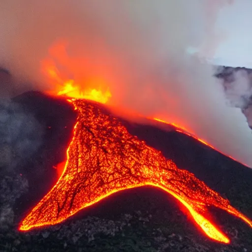 Image similar to mountain on fire surrounded by lava with trees and shrubs burning
