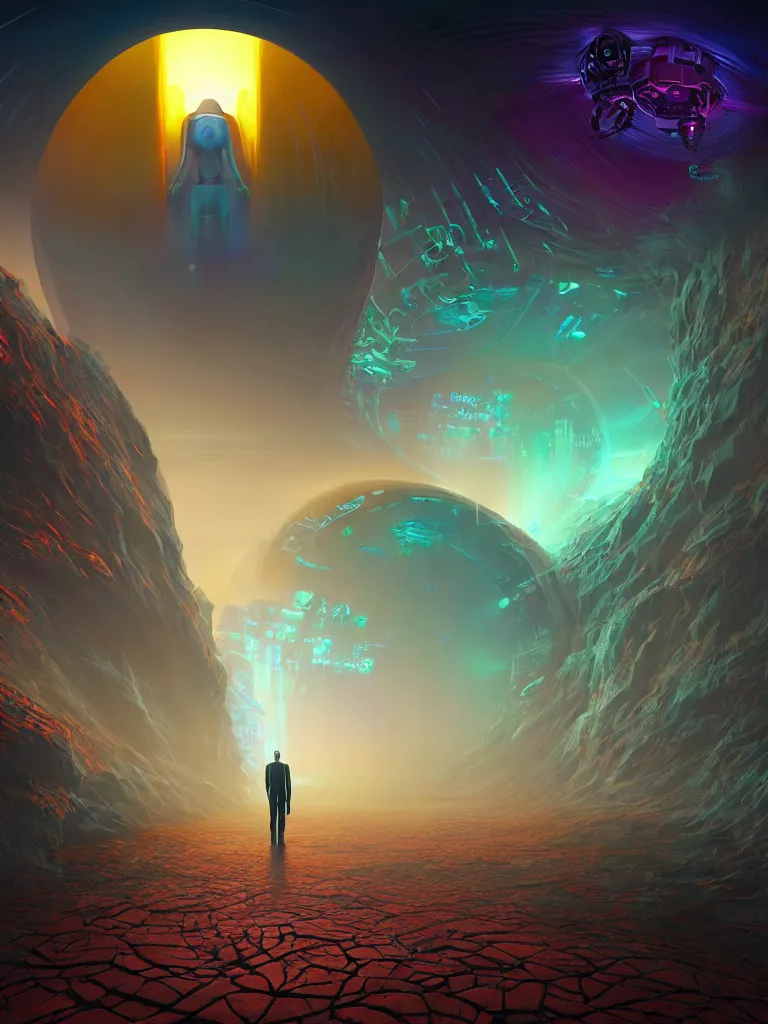 Image similar to entrance to ethereal realm, humans and robots, rendered in unreal engine, central composition, symmetrical composition, dreamy colorful cyberpunk colors, 6 point perspective, fantasy landscape with anthropomorphic!!! terrain!!! in the styles of igor morski, jim warren, and rob gonsalves, intricate, hyperrealistic, volumetric lighting, big sky, distinct horizon