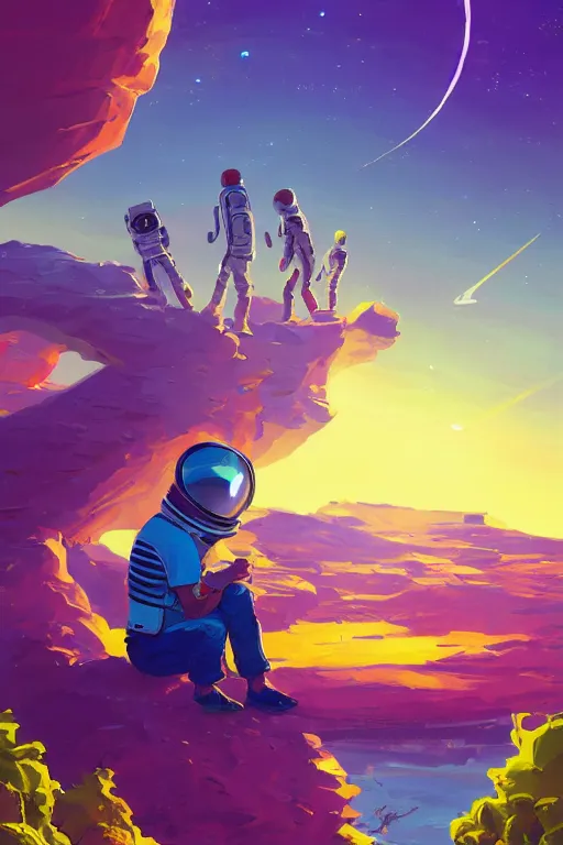 Image similar to astronaut sitting on an alien beach, watching the planets, psychedelic vegetation, art gta 5 comics, official fanart behance hd artstation by jesper ejsing, by rhads, makoto shinkai and lois van baarle, ilya kuvshinov, ossdraws radiating a glowing aura cgi rtx 2 0 2 2