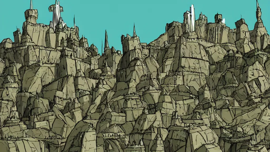 Image similar to a genndy tartakovsky illustration of minas tirith from lord of the rings