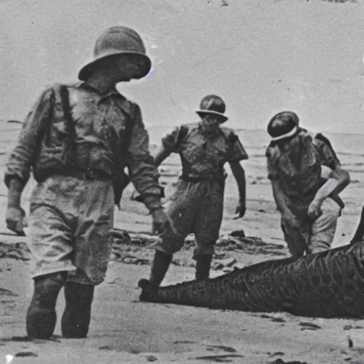 Image similar to 1940s photo, long shot, 5 soldiers looking at a huge creature washed up on a beach