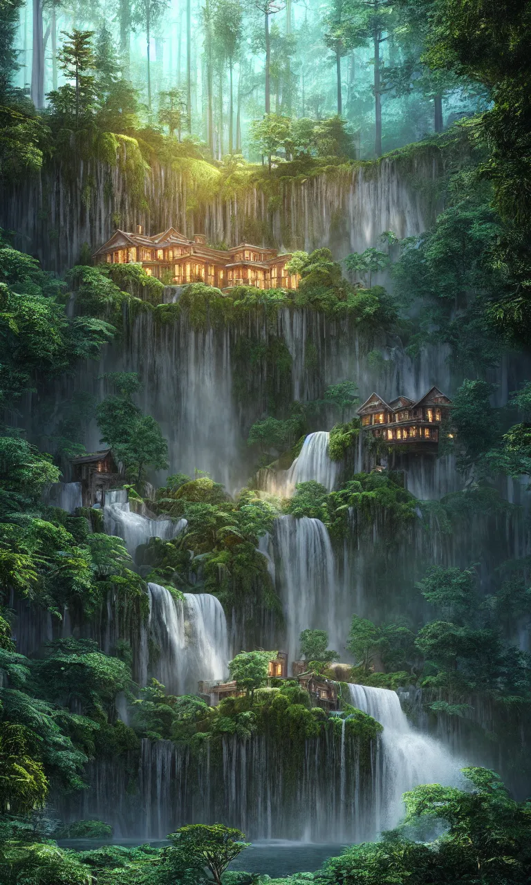 Image similar to beautiful big house in the forest, a big waterfall flows down from the mountain, octane render, fabulous, hyper detailed, random cinematic view, no noise, global illumination, warm lighting, volumetric, godrays, vivid, beautiful, by jordan grimmer