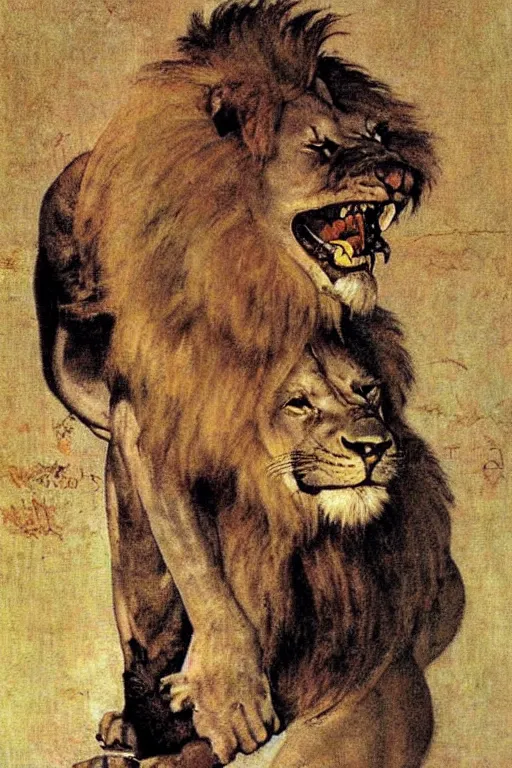 Image similar to a sad lion by norman rockwell