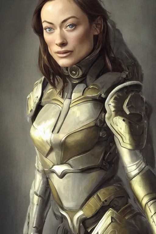 Image similar to a professional painting of a young Olivia Wilde, clothes in military armor, olive skin, long dark hair, beautiful bone structure, symmetrical facial features, intricate, elegant, digital painting, concept art, smooth, sharp focus, illustration, from StarCraft by Ruan Jia and Mandy Jurgens and Artgerm and William-Adolphe Bouguerea