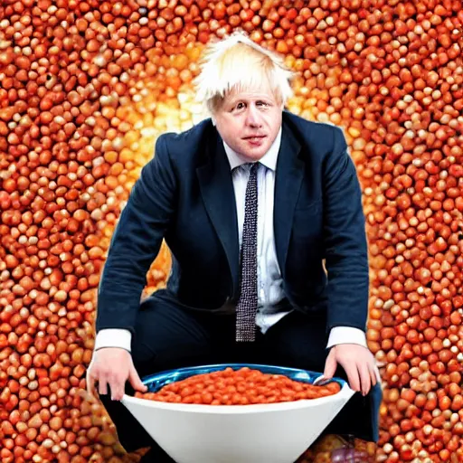 Prompt: Boris Johnson sitting in a bathtub full of baked beans, photograph