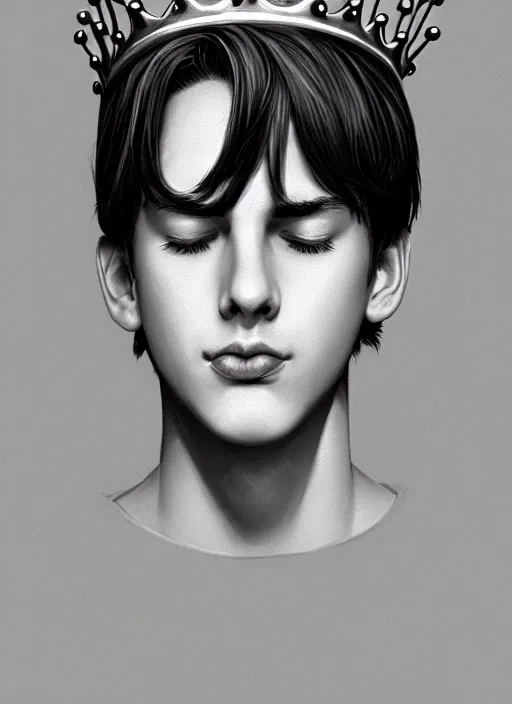 Image similar to portrait of teenage jughead jones wearing a light grey crown, crown, hamburger background, eyes closed, crown, black hair, intricate, elegant, glowing lights, warm lighting, highly detailed, digital painting, artstation, concept art, smooth, sharp focus, illustration, art by wlop, mars ravelo and greg rutkowski