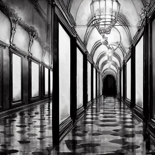 Prompt: a long hallway of mirrors. victorian interior, with many mirrors, elegant design, haunting atmosphere, dark lighting, gothic, horror style, scary, swirling fog, volumetric lighting, by greg rutkowski, realistic, dutch angle,