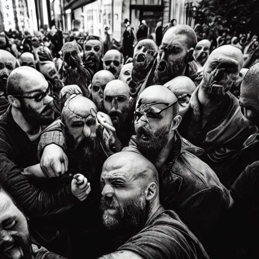 Prompt: a photo of a bald man with a pointy beard being attacked by a horde of zombies, cinematic lighting, documentary footage, 5 0 mm lens, shallow depth of field