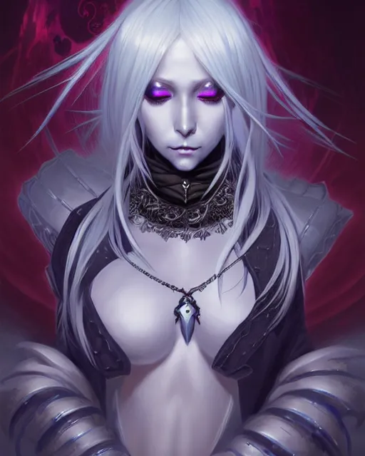 Image similar to portrait of an anime female drow necromancer, hd, illustration, epic, d & d, fantasy, intricate, elegant, highly detailed, digital painting, artstation, concept art, smooth, sharp focus, illustration, art by artgerm and greg rutkowski and alphonse mucha, monster hunter illustrations art book