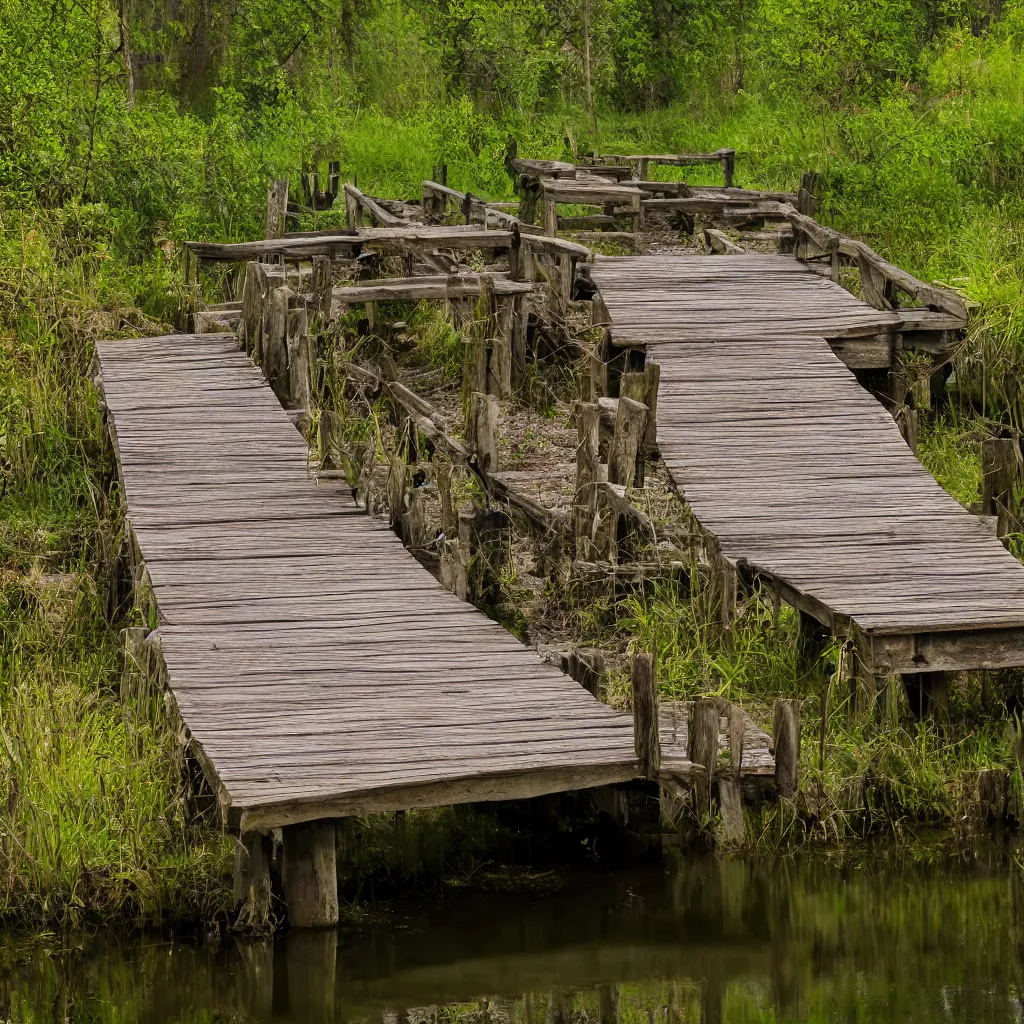 Image similar to old wooden bridge to small very polluted pond, scary, ambient, smoking, shocking, very detailed, 4 k, professional photography