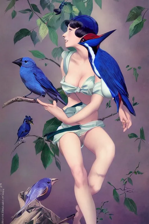 Image similar to anime pinup girl holding an indigo bunting, bird, the bird is wearing a bowtie, by greg rutkowski, rossdraws, gil elvgren, enoch bolles, anime, porcelain skin, very coherent