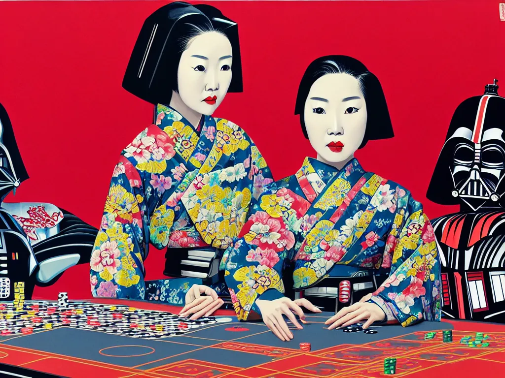 Image similar to hyperrealistic composition of the detailed woman in a japanese kimono with a c 3 p 0 robot head sitting at a extremely detailed poker table with darth vader, fireworks, mountain fuji on the background, pop - art style, jacky tsai style, andy warhol style, acrylic on canvas
