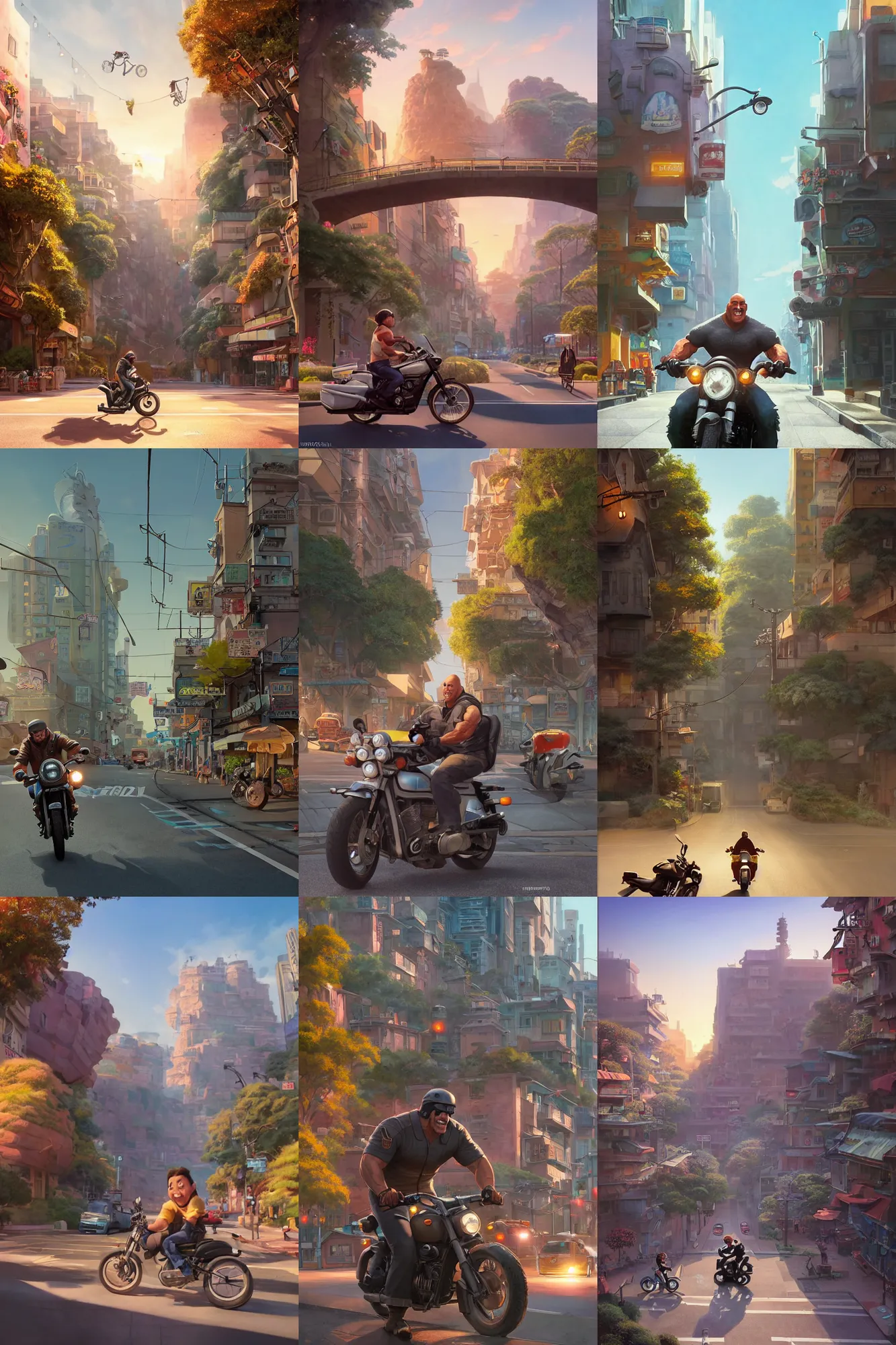 Prompt: a wholesome urban illustration of a happy cartoon Dwayne Johnson riding his motorcycle through the city, studio Ghibli, Pixar and Disney animation, sharp, Rendered in Redshift and Unreal Engine 5 by Greg Rutkowski, Bloom, dramatic lighting, sunrise