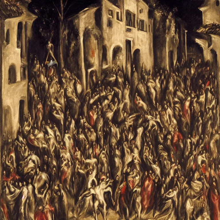 Image similar to A Holy Week procession of souls in a lush Spanish village at night. A figure at the front holds a cross. El Greco.