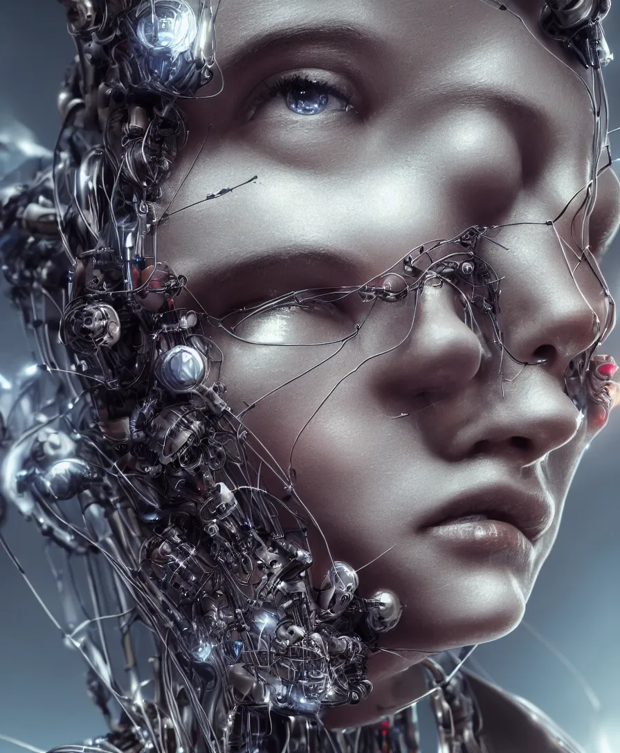 Prompt: a beautiful close up portrait of a human face, with epic cyborg implants, wires, tubes, biomechanical details, liquid, prismatic highlights, depth of field, cinematic, concept art, 5 0 mm, artstation, elegant, focus, octane render, vray, by h. r. giger