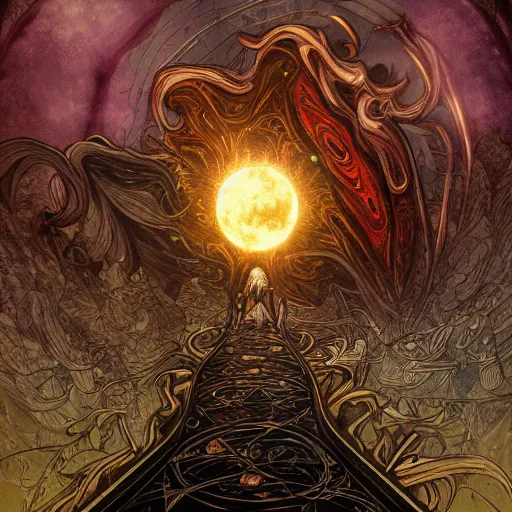 Image similar to art nouveau solar eclipse, chaos, night, rot, blood, epic art, dark souls, highly detailed and intricate, trending on artstation