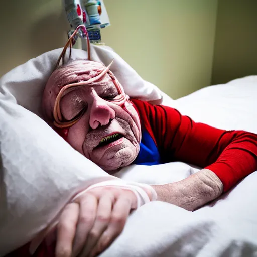 Image similar to delirious elderly clown supine in hospital bed, strapped into bed with restraints, trying to get out but unsuccessful, photograph, 8 k