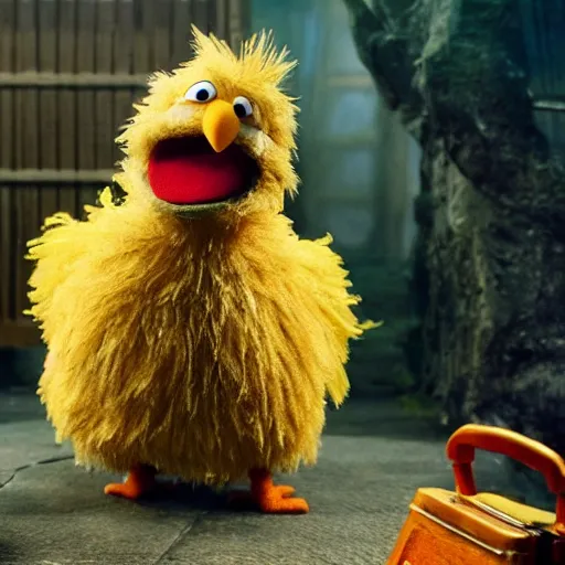 Image similar to big bird from sesame street is tiny and on the back of frodo the hobbit from lord of the rings, hyperrealistic, clean and pristine design, cinematic composition, dramatic lighting, 8 k,