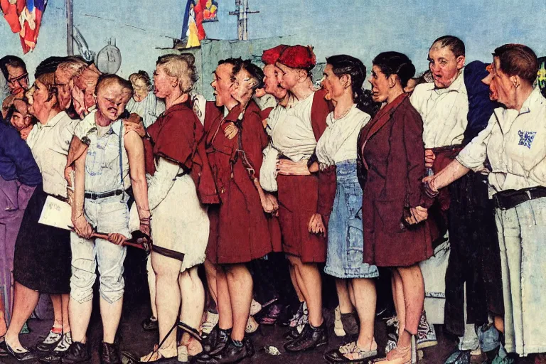 Prompt: a norman rockwell painting of a group of pro - lesbian lgbt activists making a stand in front of a russian super - max prison