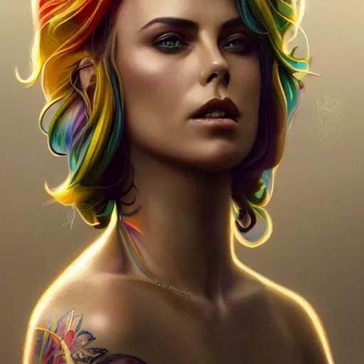 Image similar to an attractive young tattooed female with piercings wearing an rainbow ornate metallic helmet, charlize theron, olive skin, long dark hair, beautiful bone structure, intricate, elegant, highly detailed, digital painting, artstation, concept art, smooth, sharp focus, illustration, art by artgerm and greg rutkowski and alphonse mucha