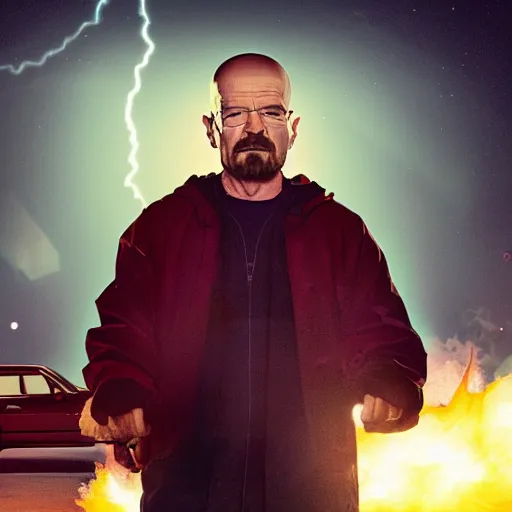 Image similar to photo of walter white standing on a hoverboard with an exploding car behind him, color, cinematic lighting