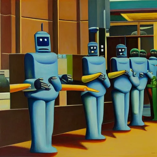 Image similar to robots queue up for ice cream, ( ( ( grant wood ) ) ), pj crook, ( ( ( edward hopper ) ) ), oil on canvas