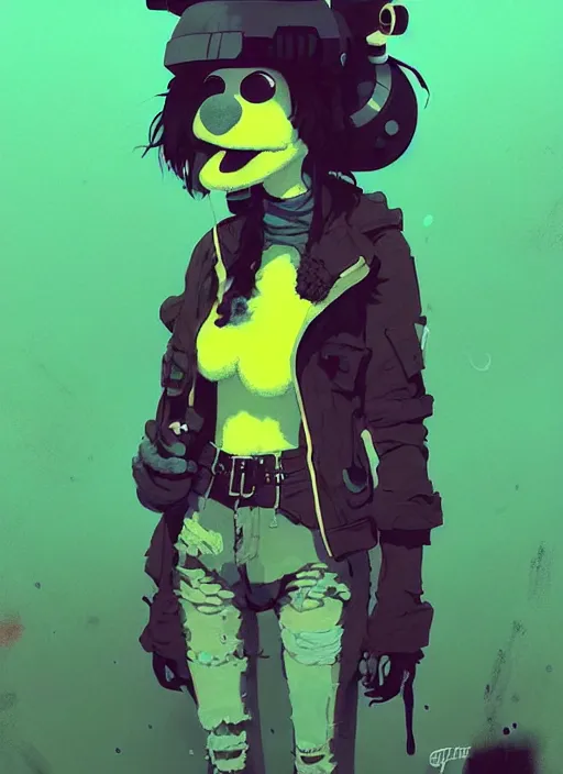 Image similar to highly detailed portrait of a moody sewerpunk young adult muppet lady by atey ghailan, by greg rutkowski, by greg, tocchini, by james gilleard, by joe fenton, by kaethe butcher, gradient yellow, black, brown and cyan color scheme, grunge aesthetic!!! ( ( graffiti tag city background ) )