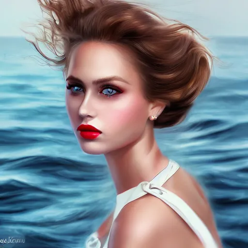 Image similar to beautiful russian models on a yacht wearing a white dress, detailed face with pink lips, blue eyes and large forehead, moody lighting, peaceful atmosphere, digital art, highly detailed, high contrast, beautiful lighting, award winning, trending on art station, 8 k,