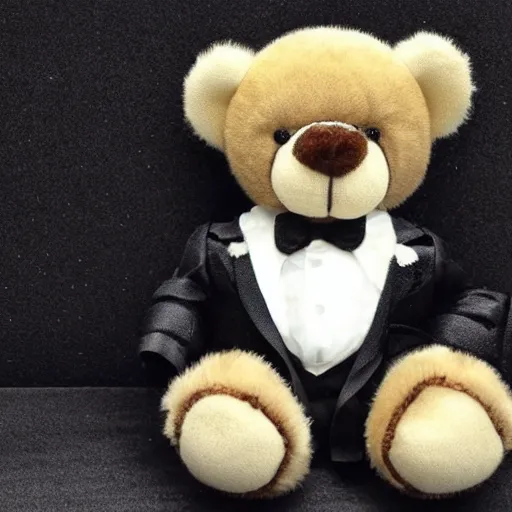 Prompt: a teddy bear in a tuxedo, highly realistic, highly detailed