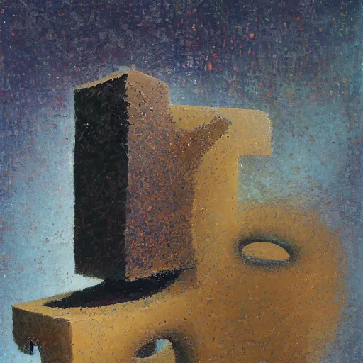 Image similar to a detailed impasto painting by shaun tan and colin frangicetto of an abstract forgotten sculpture by the caretaker and ivan seal