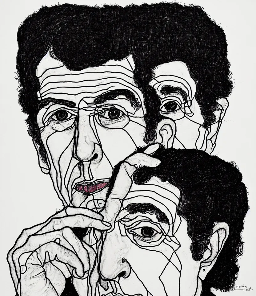 Prompt: detailed line art portrait of leonard cohen, inspired by egon schiele. caricatural, minimalist, bold contour lines, musicality, soft twirls curls and curves, confident personality, raw emotion