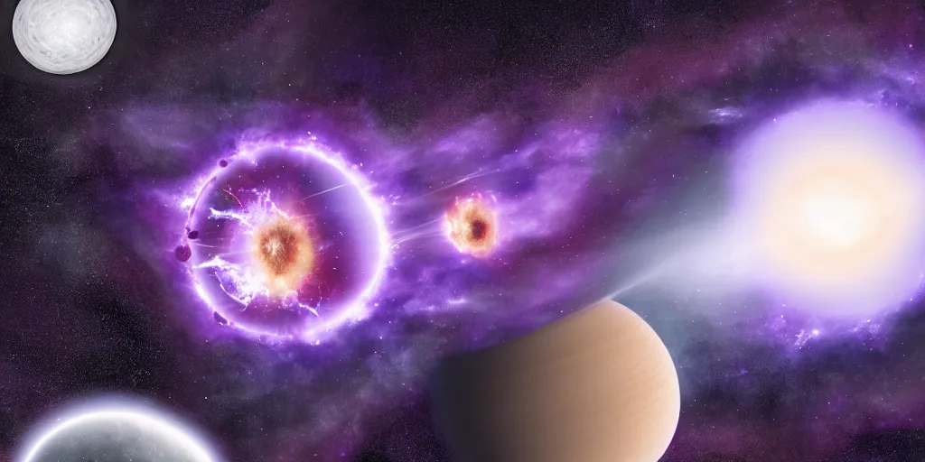 Prompt: a supernovae star that has split in half with a smaller core inside of a stark white shade with a foreground of two moons that are a purple gray color and a larger gas planet with 4 rings surrounding it, acrylic, focus on supernovae, 4 k