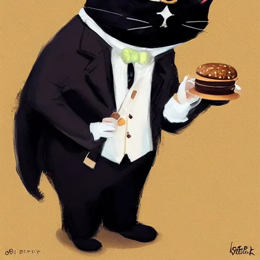 Prompt: a black fat cat on a tuxedo holding a bagel!, trade offer meme, art by greg rutkowski