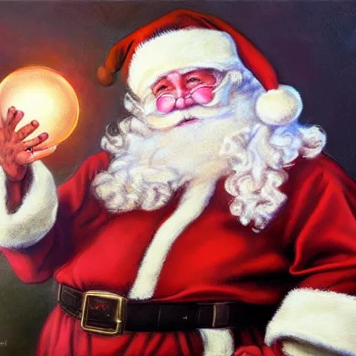 Image similar to an ultra - realistic portrait painting of santa claus holding a snowglobe in the style of frank frazetta. 4 k. ultra - realistic. highly detailed. dark fantasy. epic lighting.