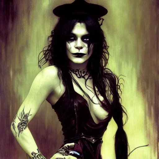 Image similar to beautiful portrait of vanessa hudgens as death from sandman, smiling, by cedric peyravernay, alphonse mucha, by jeremy mann, by lecouffe deharme, goth chic, soft lightning, eyeliner, punk rock, high detailed, 8 k