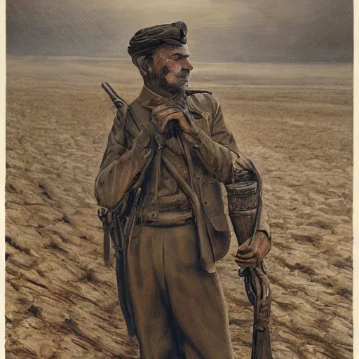 Prompt: a detailed photorealistic sepia - toned color portrait painting of a 1 9 1 7 worried clean - shaven british lieutenant in field gear in north arabia examining an ancient clay cylinder ultra realistic, intricate details, atmospheric, dark, horror, brooding, highly detailed, by clyde caldwell