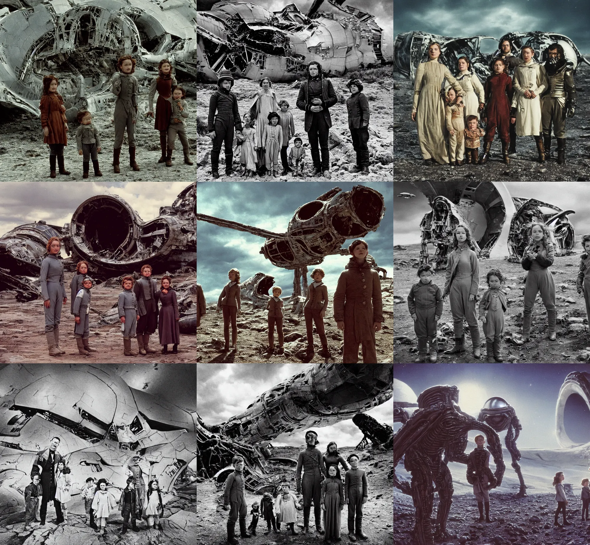 Prompt: extremely sharply detailed, 7 0 mm film from blockbuster 9 6 k sci fi color movie freeze frame, set 1 8 5 0, family standing in front of crashed spaceship, on alien planet, looking happy, wearing 1 8 4 0 s era clothes, atmospheric lighting, in focus, reflective eyes, 1 mm macro lens, live action, nice composition and photography, clear faces