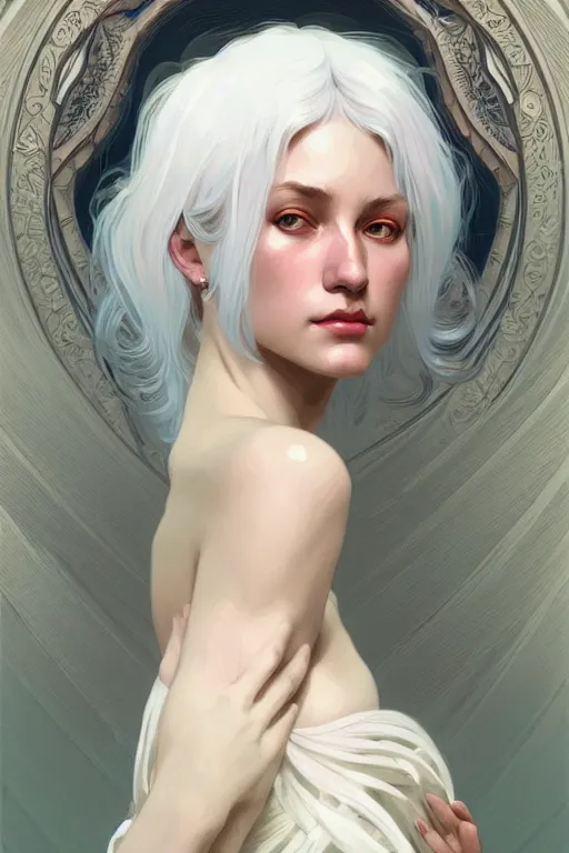 Prompt: a very beautiful white haired woman, fantasy, portrait, sharp focus, intricate, elegant, digital painting, artstation, matte, highly detailed, concept art, illustration, ambient lighting, art by ilya kuvshinov, artgerm, alphonse mucha, and greg rutkowski