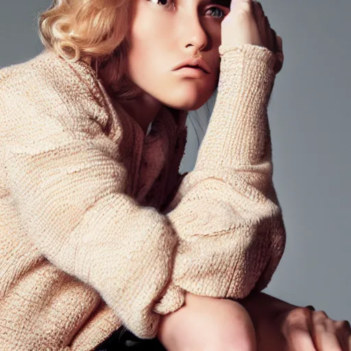 Prompt: close up of face of female fashion model, sitting on chair, beige colors, official jil sander editorial, highly detailed