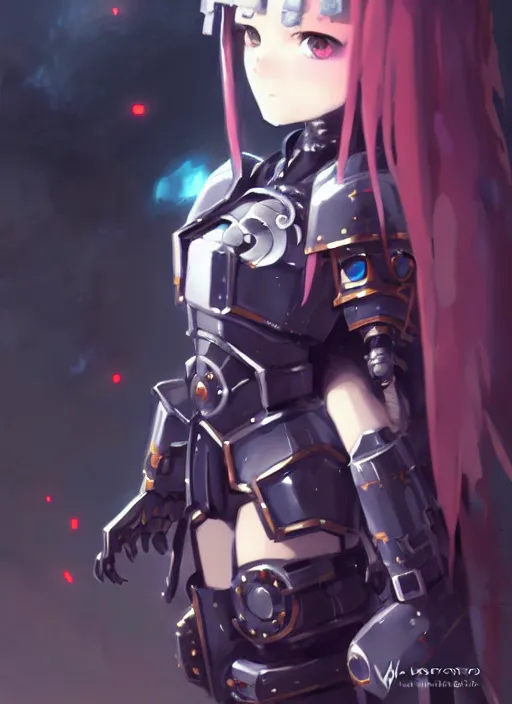 Image similar to portrait of cute goth girl in cyber armor, warhammer 4 0 0 0 0, illustration concept art anime key visual trending pixiv fanbox by wlop and greg rutkowski and makoto shinkai and studio ghibli